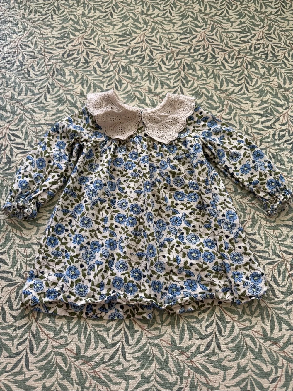 Zara White Dress with Blue Floral Print and Eyelet Collar